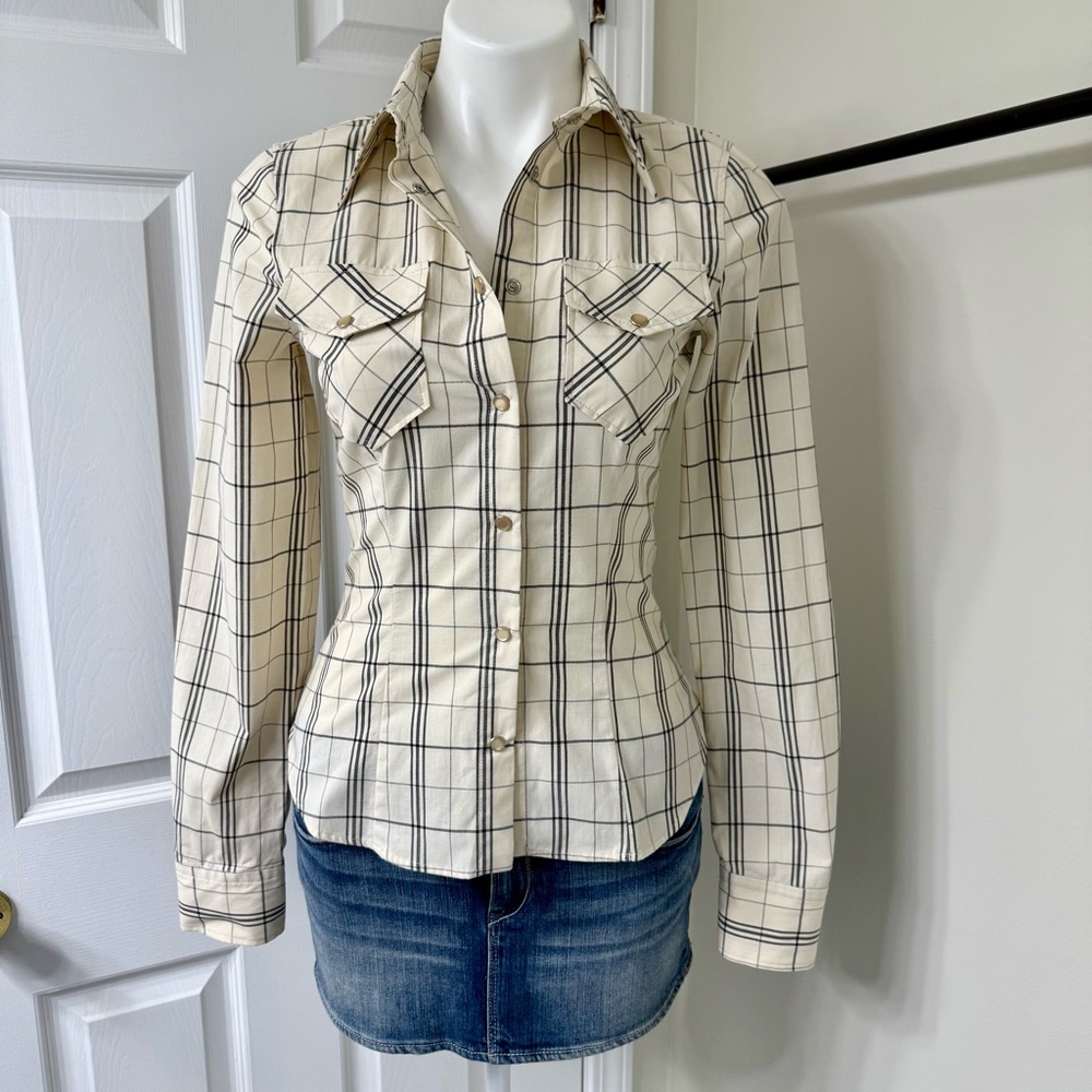 Zara Fitted Western Button Down Blouse Pearl Snaps Ivory with Black Plaid XS